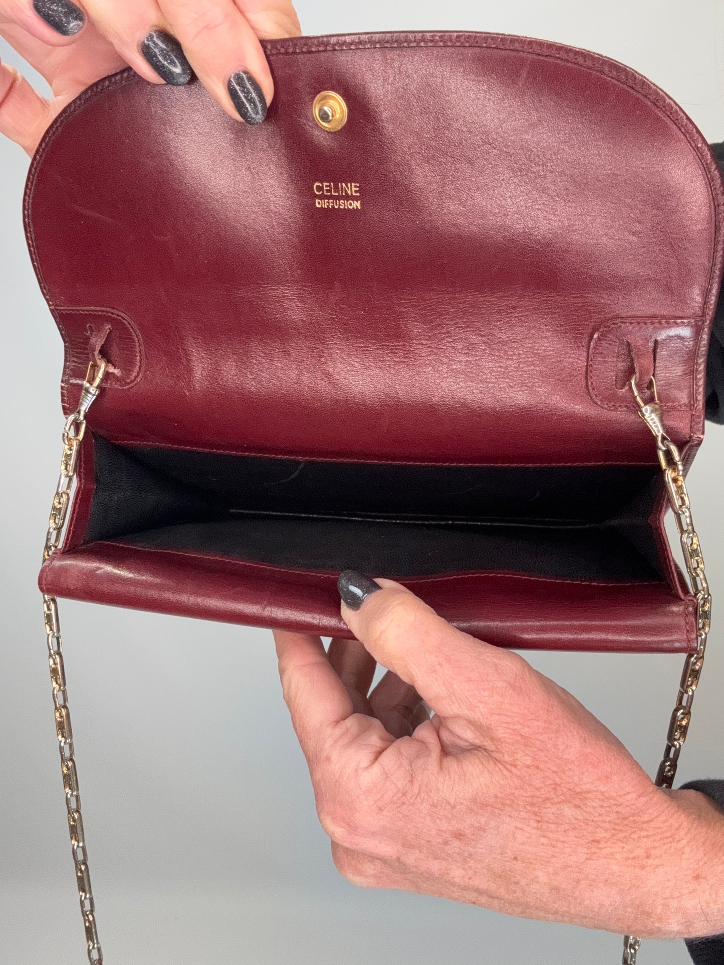 Celine Triomphe Wallet On Triomphe Chain- Burgundy