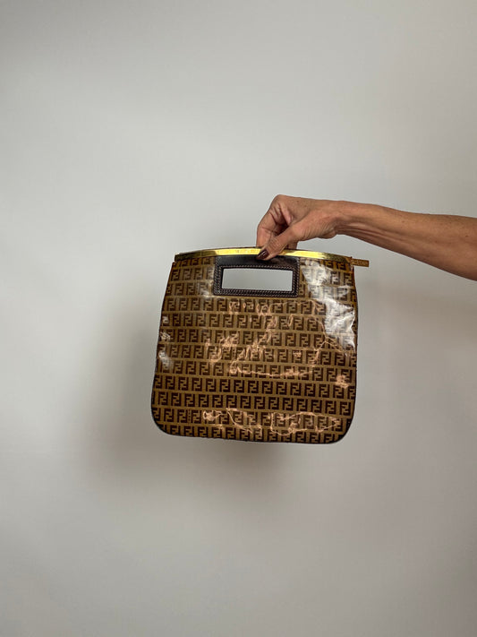 Fendi Vintage Zucca Monogram Coated Canvas Cutout Handle Tote — Tobacco Brown.