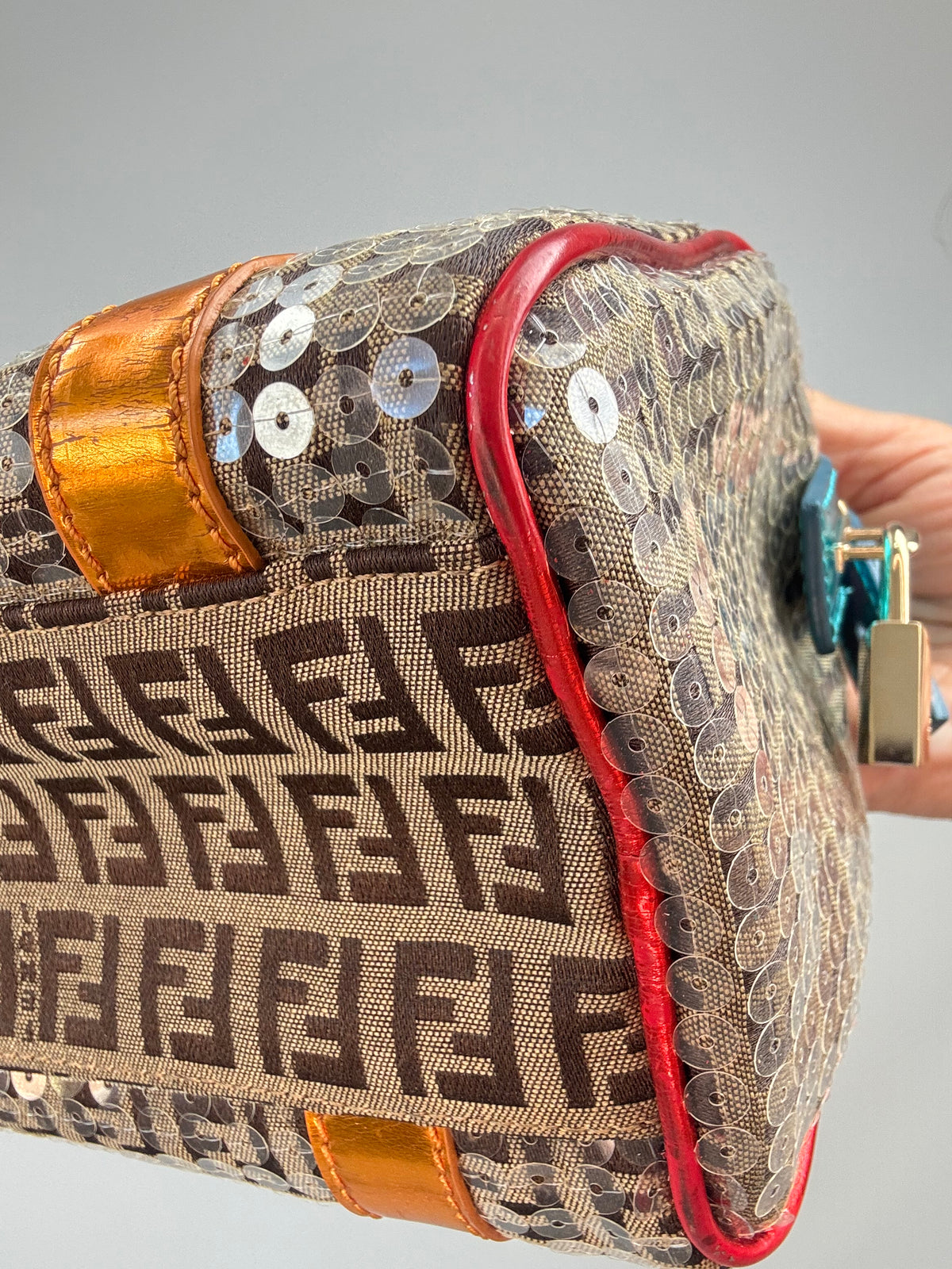 Fendi Zucchino Sequin Forever Boston Bag — Brown and Metallic Multicolor.