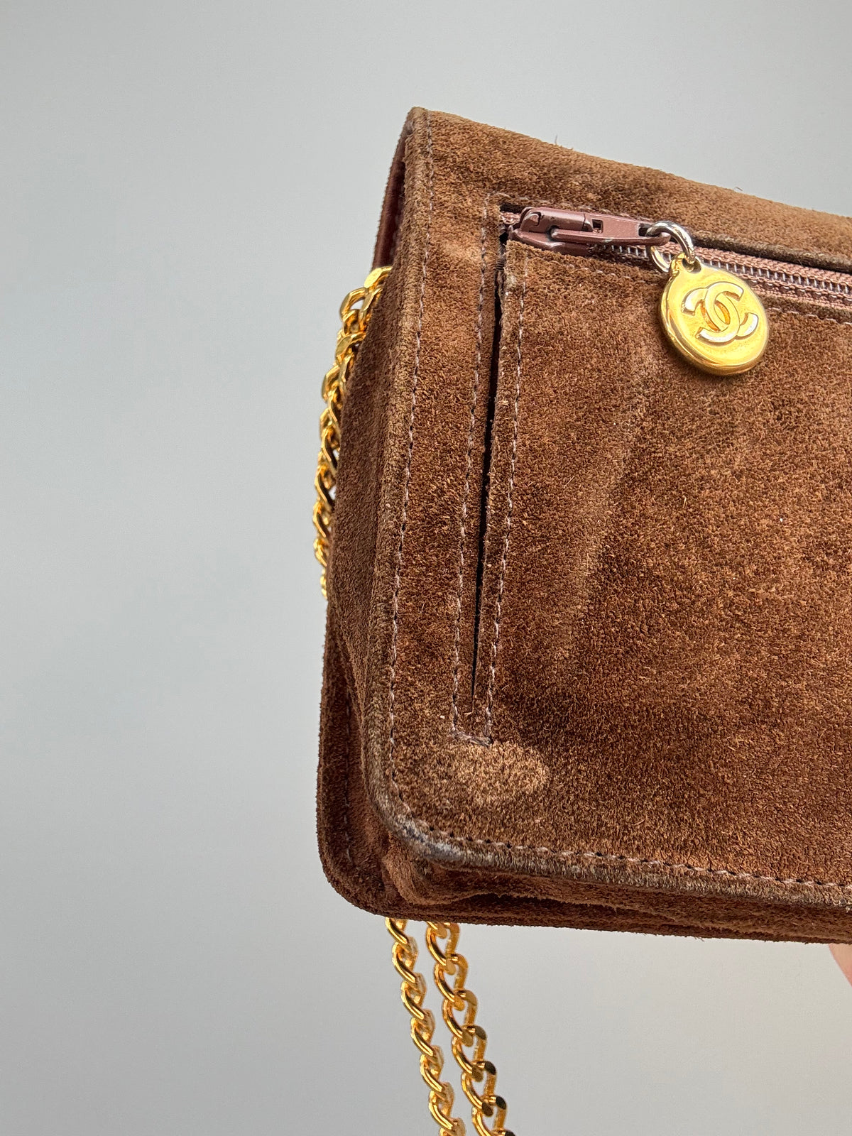 Chanel 1994–1996 Timeless CC Suede Wallet on Chain — Brown