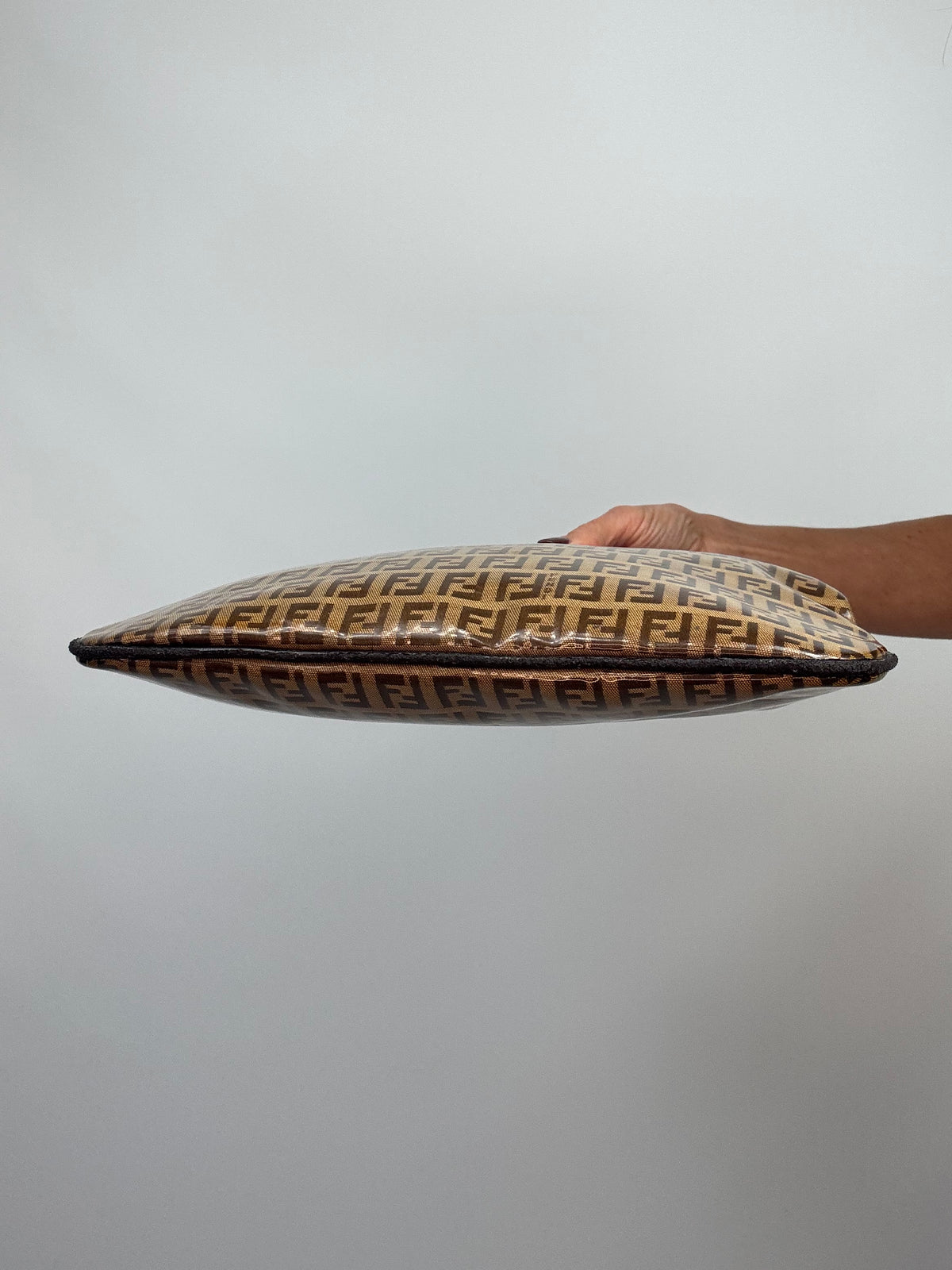 Fendi Vintage Zucca Monogram Coated Canvas Cutout Handle Tote — Tobacco Brown.
