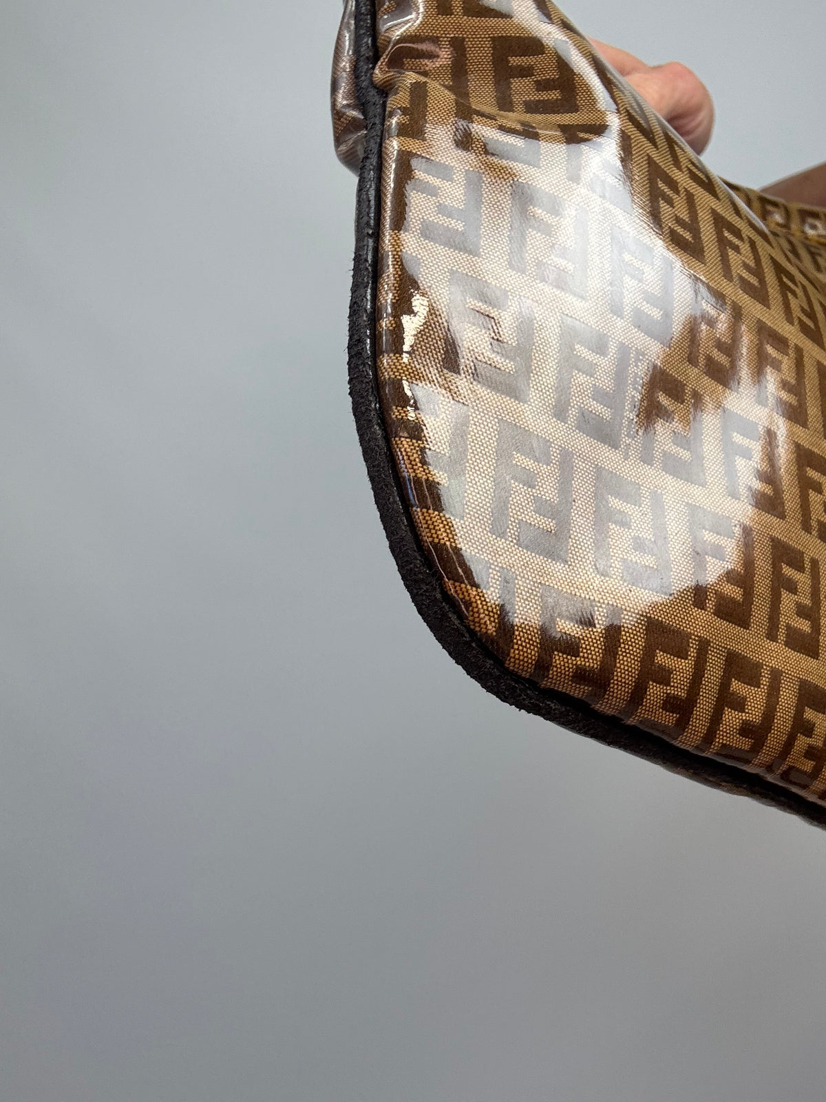 Fendi Vintage Zucca Monogram Coated Canvas Cutout Handle Tote — Tobacco Brown.