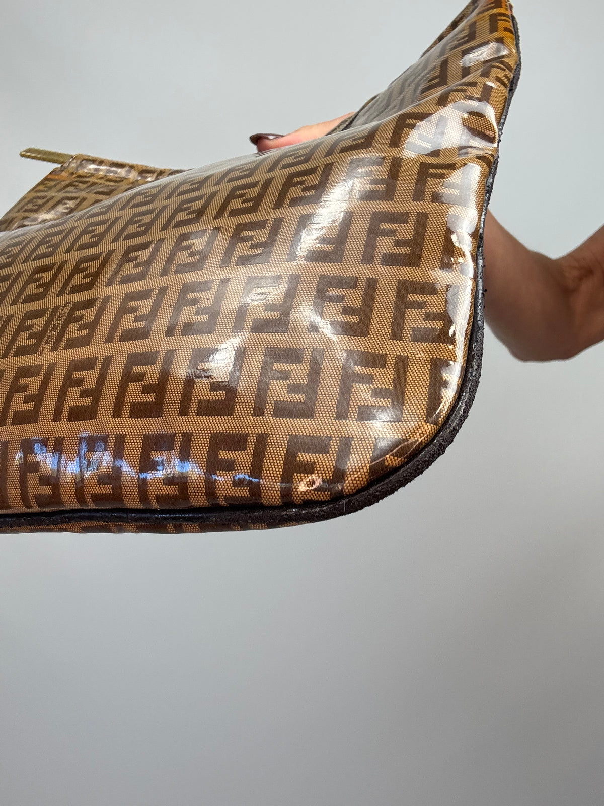 Fendi Vintage Zucca Monogram Coated Canvas Cutout Handle Tote — Tobacco Brown.