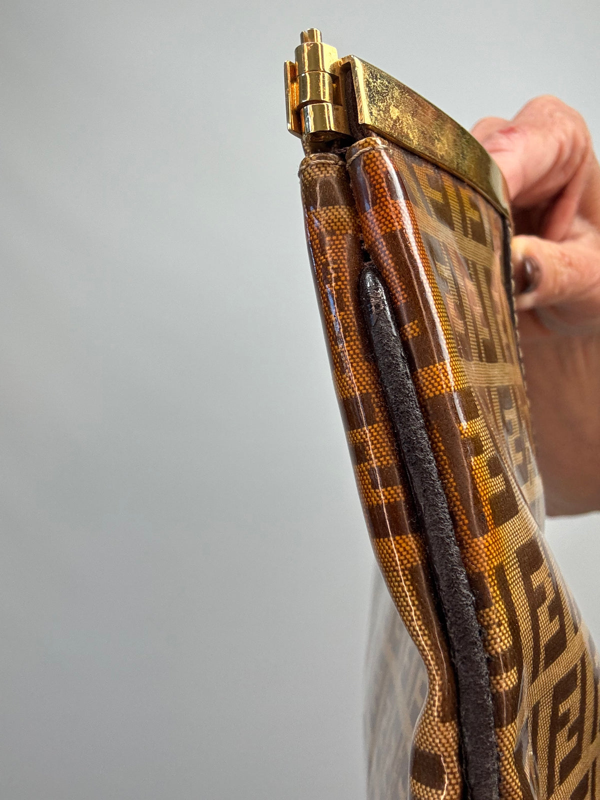 Fendi Vintage Zucca Monogram Coated Canvas Cutout Handle Tote — Tobacco Brown.
