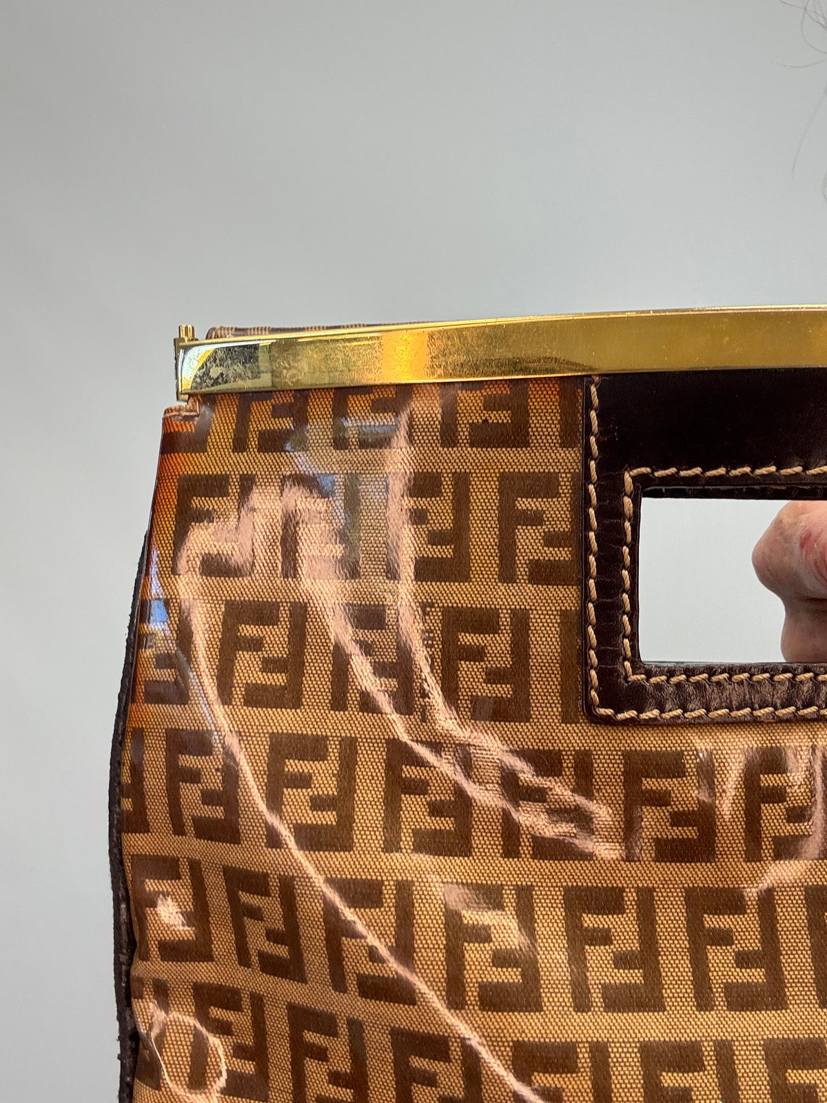 Fendi Vintage Zucca Monogram Coated Canvas Cutout Handle Tote — Tobacco Brown.