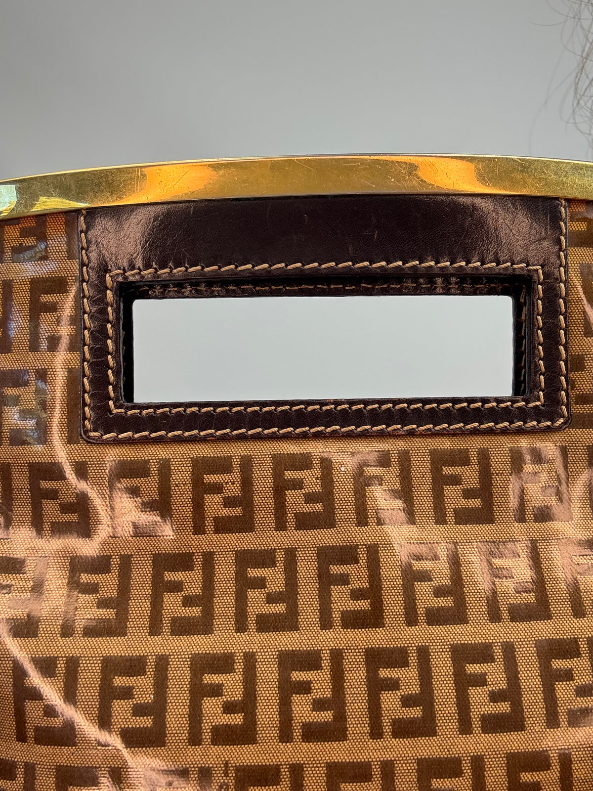 Fendi Vintage Zucca Monogram Coated Canvas Cutout Handle Tote — Tobacco Brown.