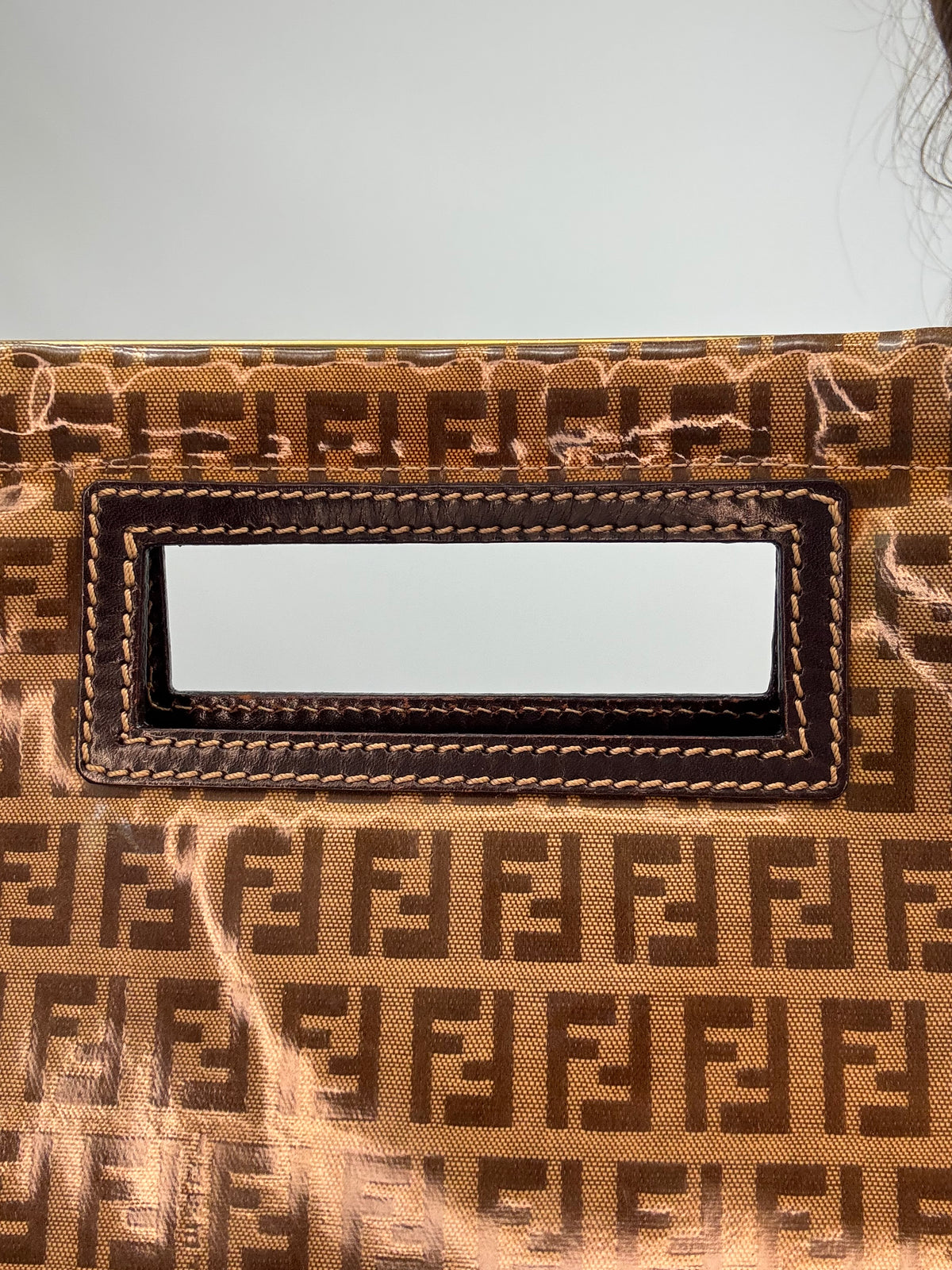 Fendi Vintage Zucca Monogram Coated Canvas Cutout Handle Tote — Tobacco Brown.