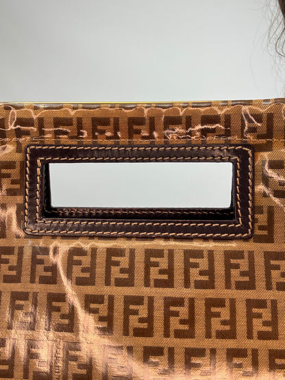 Fendi Vintage Zucca Monogram Coated Canvas Cutout Handle Tote — Tobacco Brown.