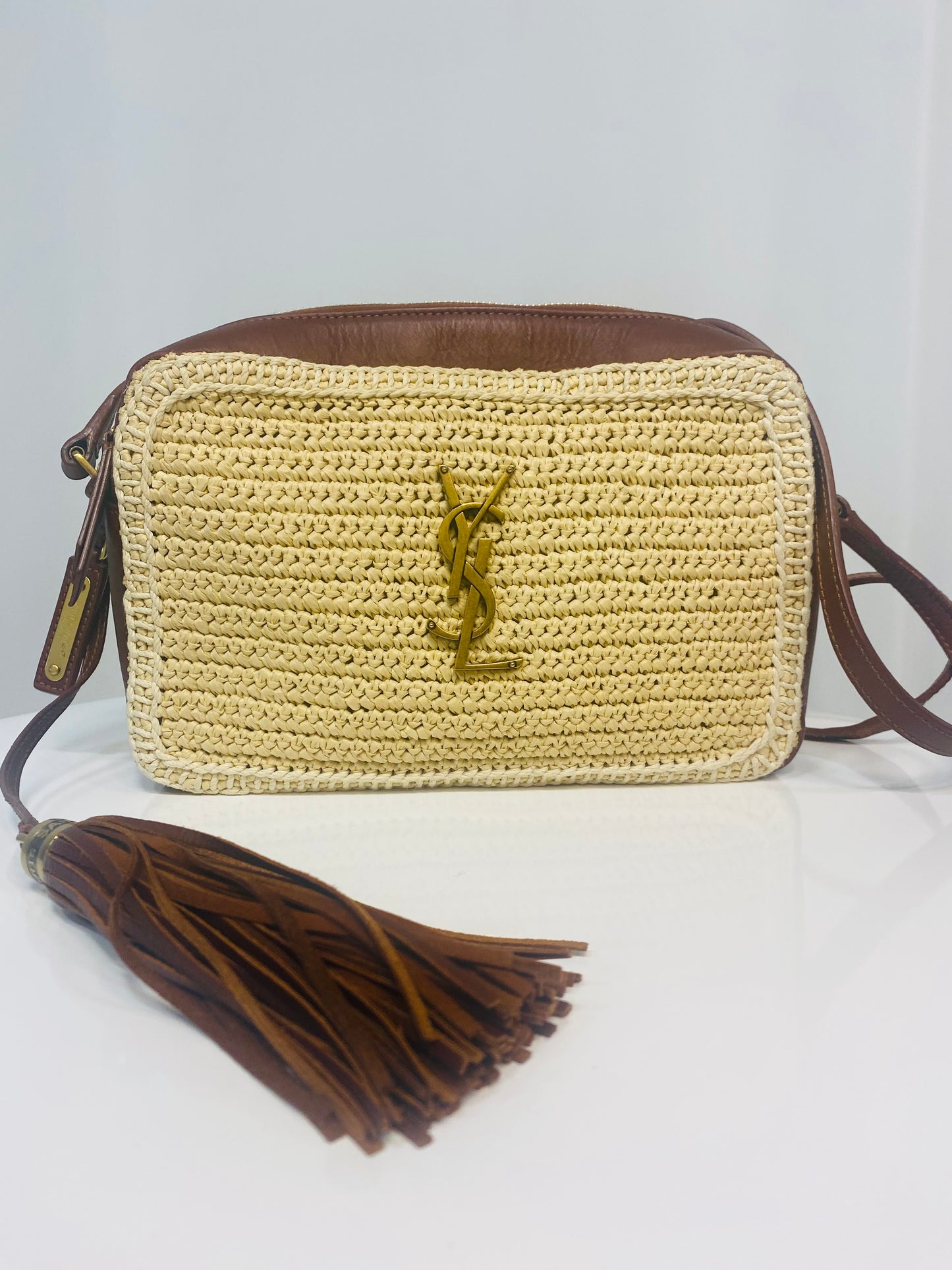 YVES SAINT LAURENT Shoulder Bag Straw / Leather Brown