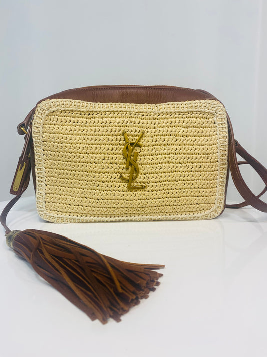 YVES SAINT LAURENT Shoulder Bag Straw / Leather Brown