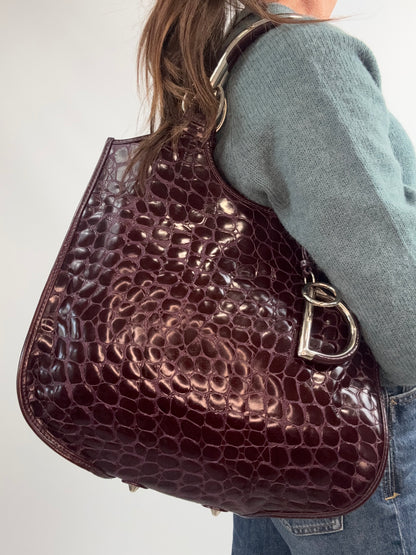 Christian Dior 61 Croc-Embossed Patent Leather Tote — Burgundy Plum