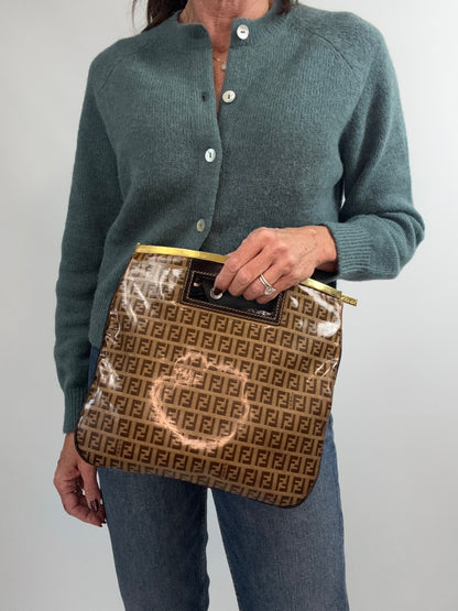 Fendi Vintage Zucca Monogram Coated Canvas Cutout Handle Tote — Tobacco Brown
