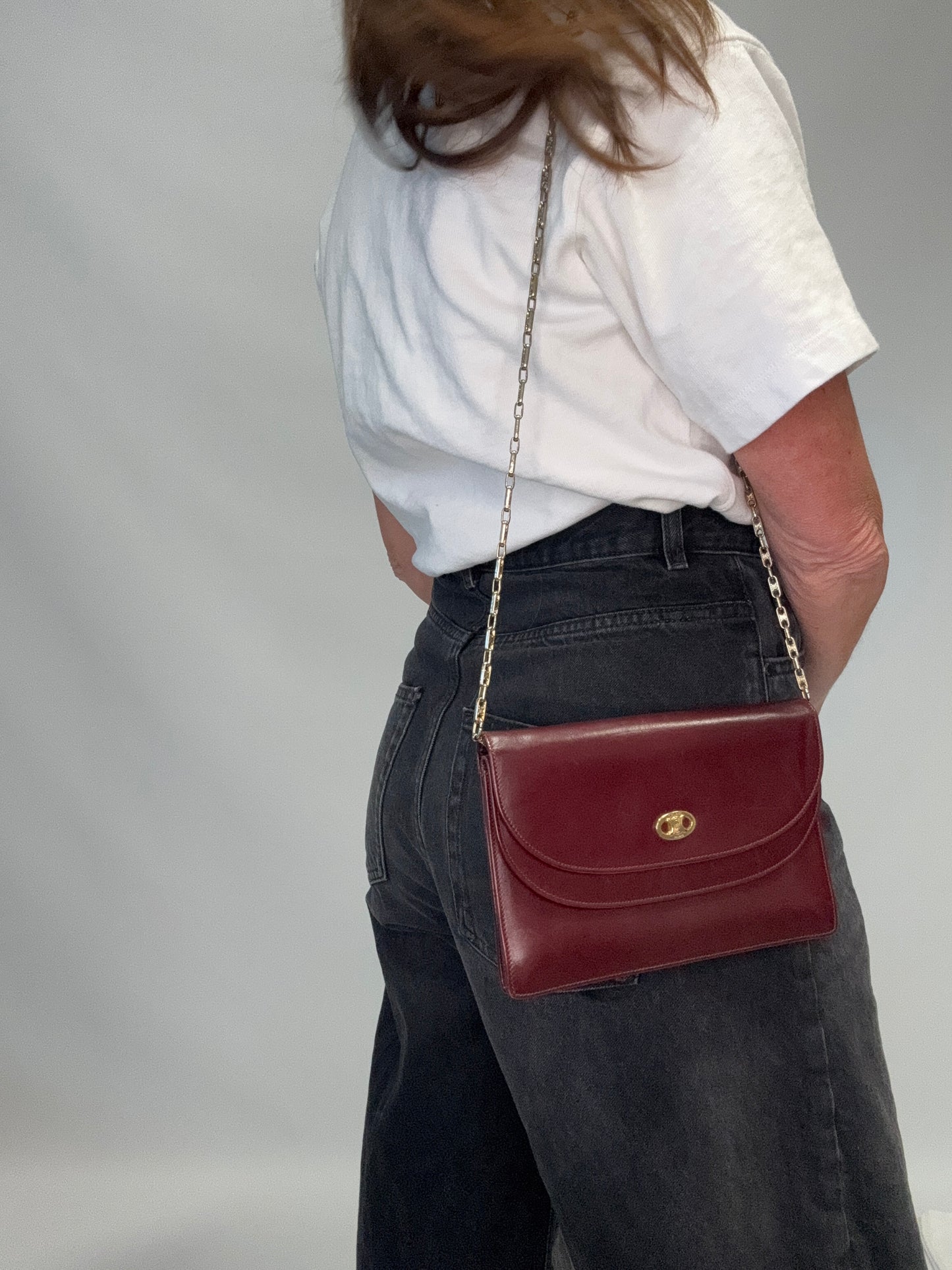 Celine Triomphe Wallet On Triomphe Chain- Burgundy