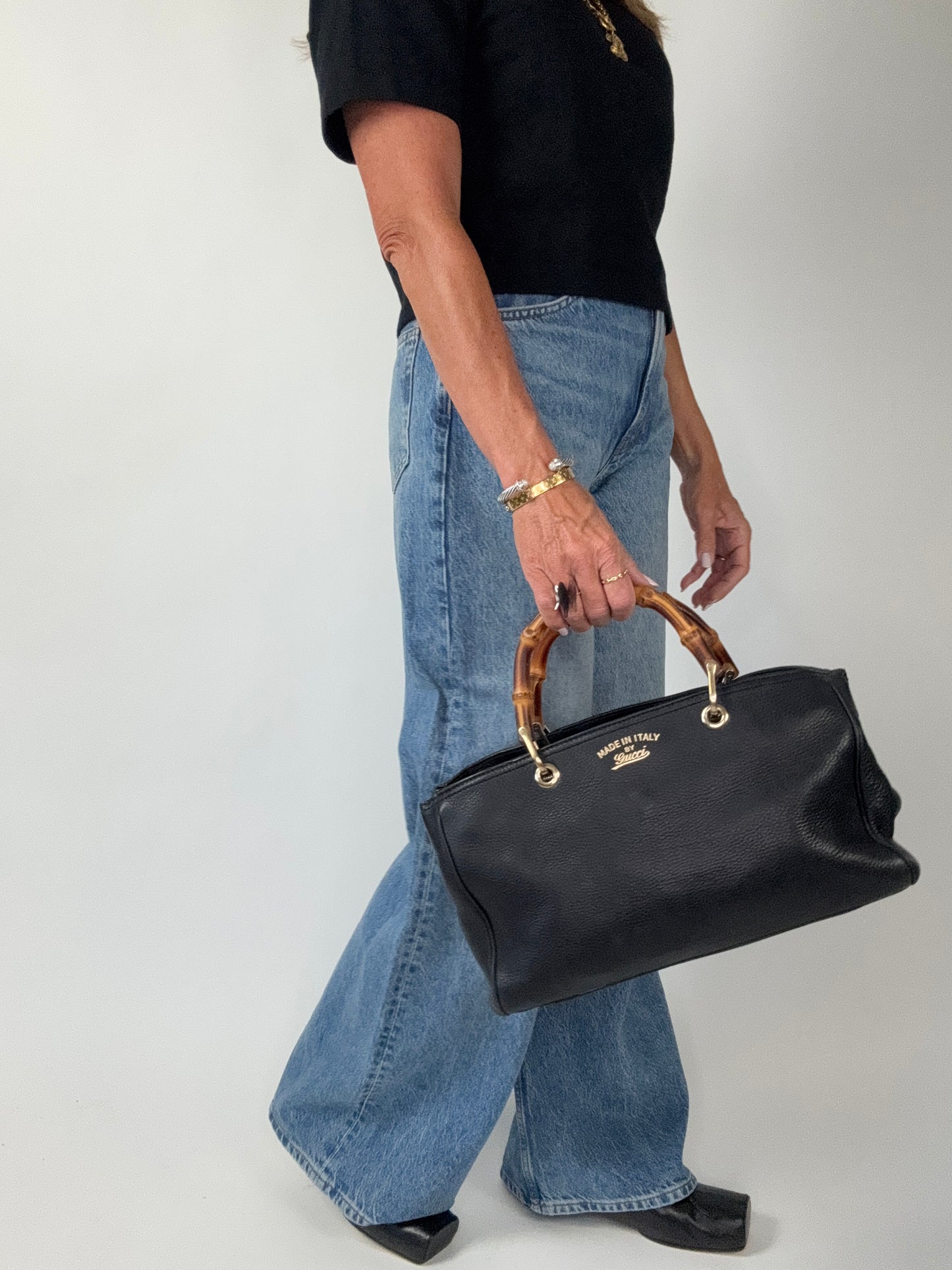 Gucci Black Large Shopper Bamboo Tote