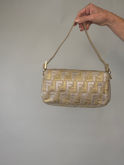 Fendi Mamma Baguette Silver/Gold  Jacquard Glitter Shoulder Bag