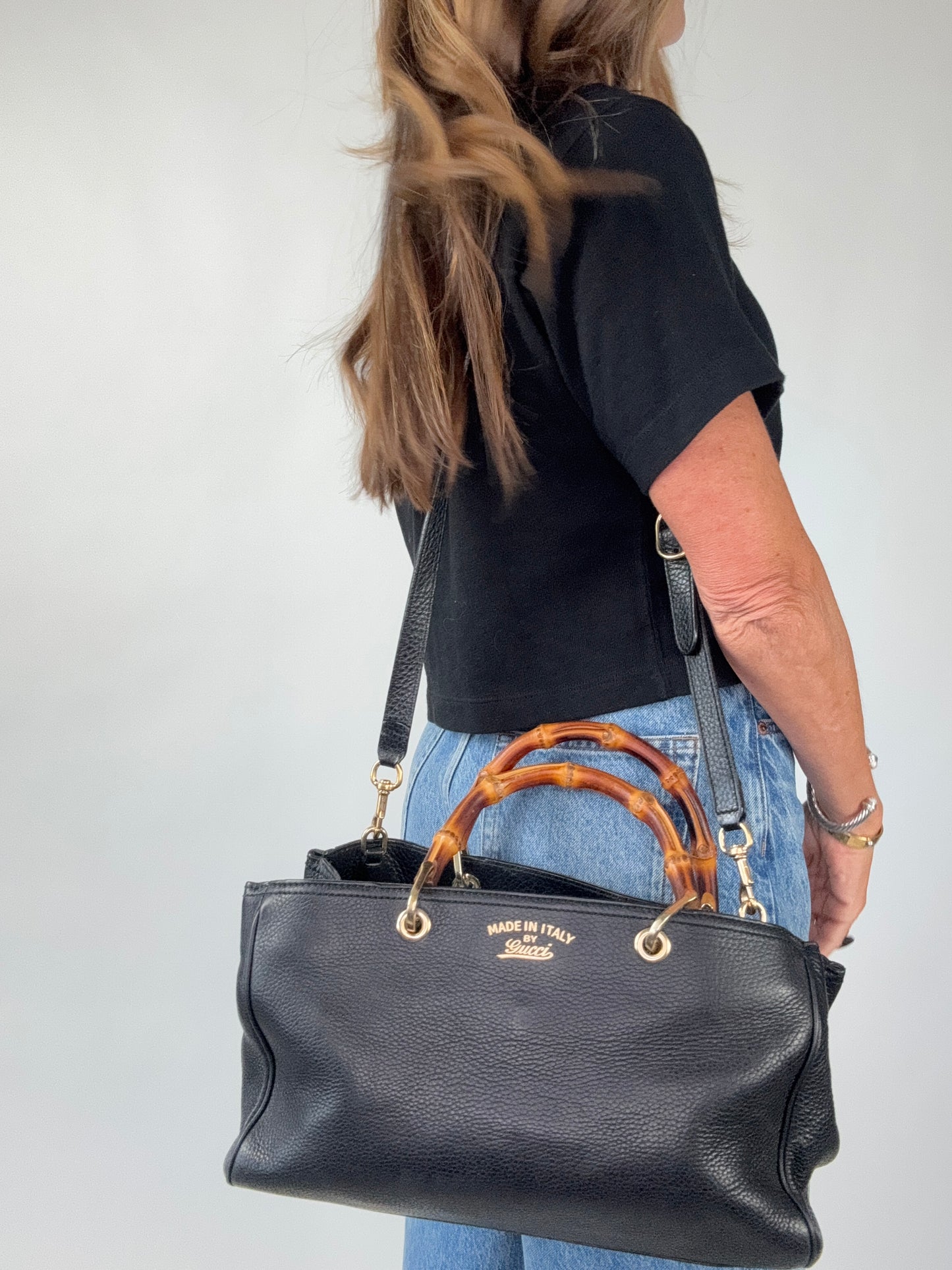 Gucci Black Large Shopper Bamboo Tote