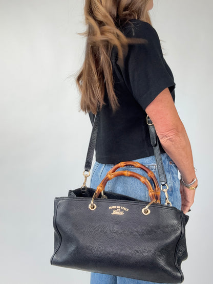 Gucci Black Large Shopper Bamboo Tote