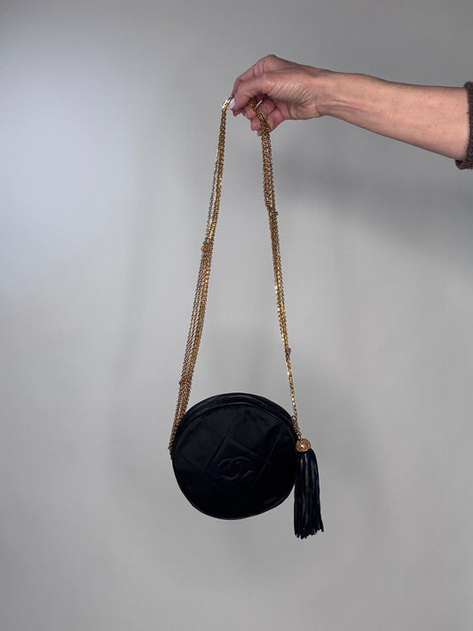 Chanel Rare Circle CC Black Satin Rhinestone Shoulder Crossbody Bag