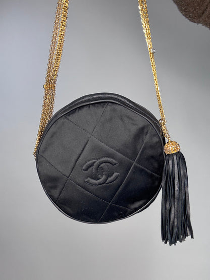 Chanel Rare Circle CC Black Satin Rhinestone Shoulder Crossbody Bag