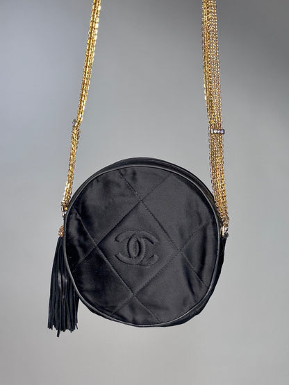 Chanel Rare Circle CC Black Satin Rhinestone Shoulder Crossbody Bag