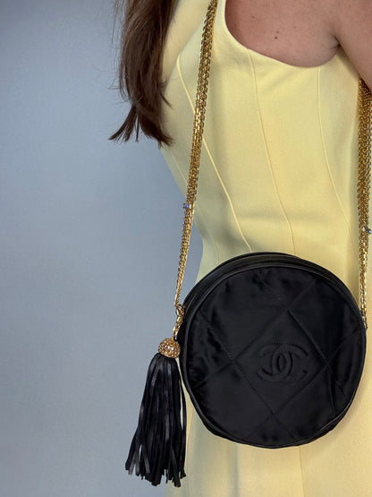 Chanel Rare Circle CC Black Satin Rhinestone Shoulder Crossbody Bag