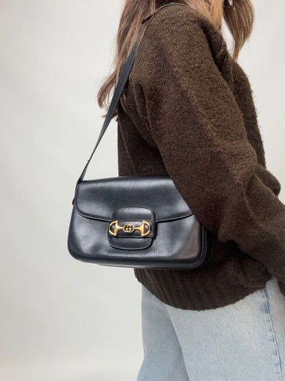 Gucci Horsebit Leather Shoulder Bag - Black