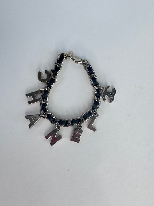 Chanel Vintage Motif Black Leather Charm Bracelet