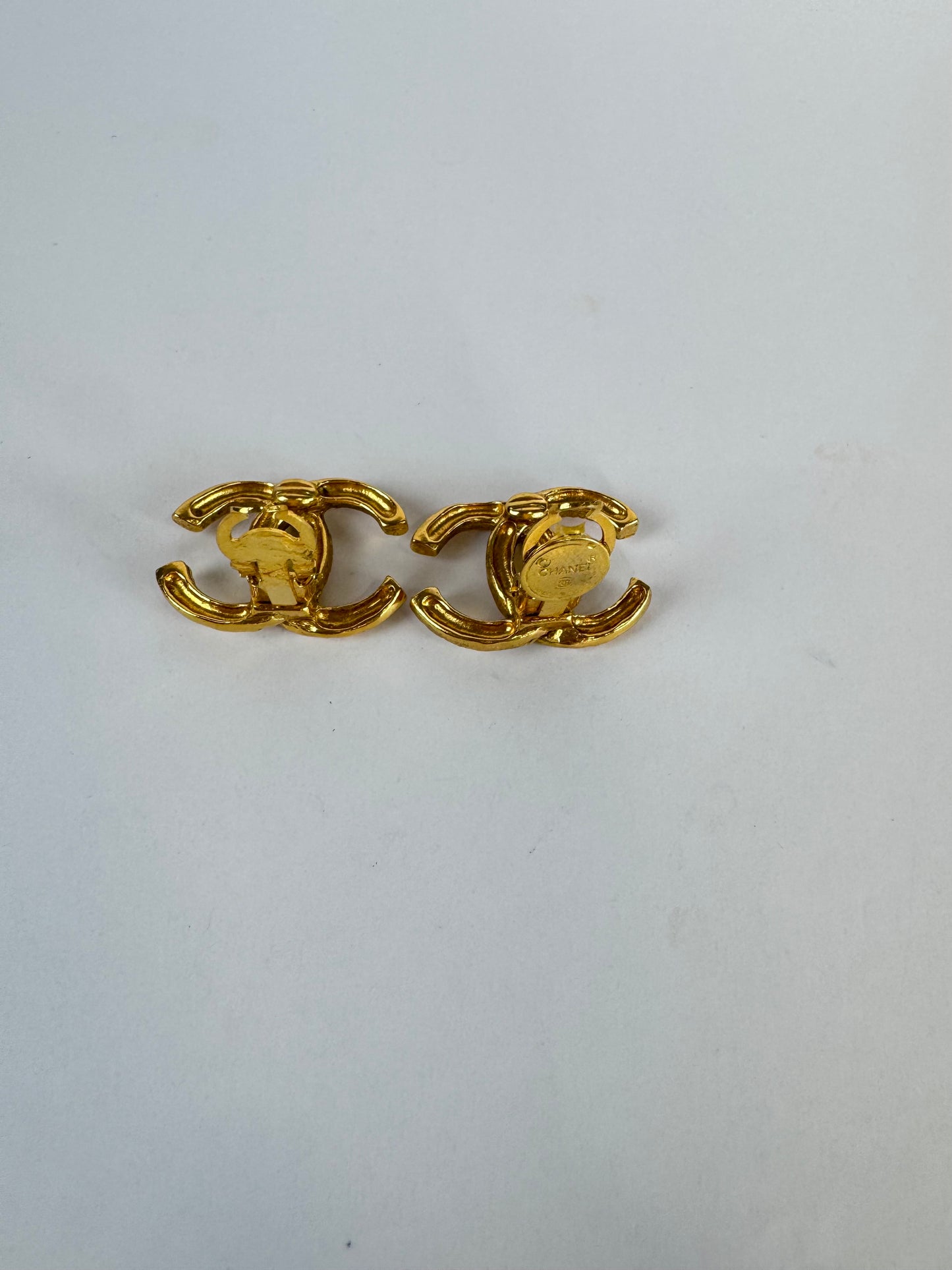 Chanel 1980 Hammered CC Logo Earrings