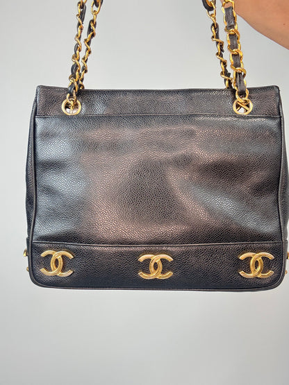 Chanel Vintage Triple CC Caviar Tote — Black
