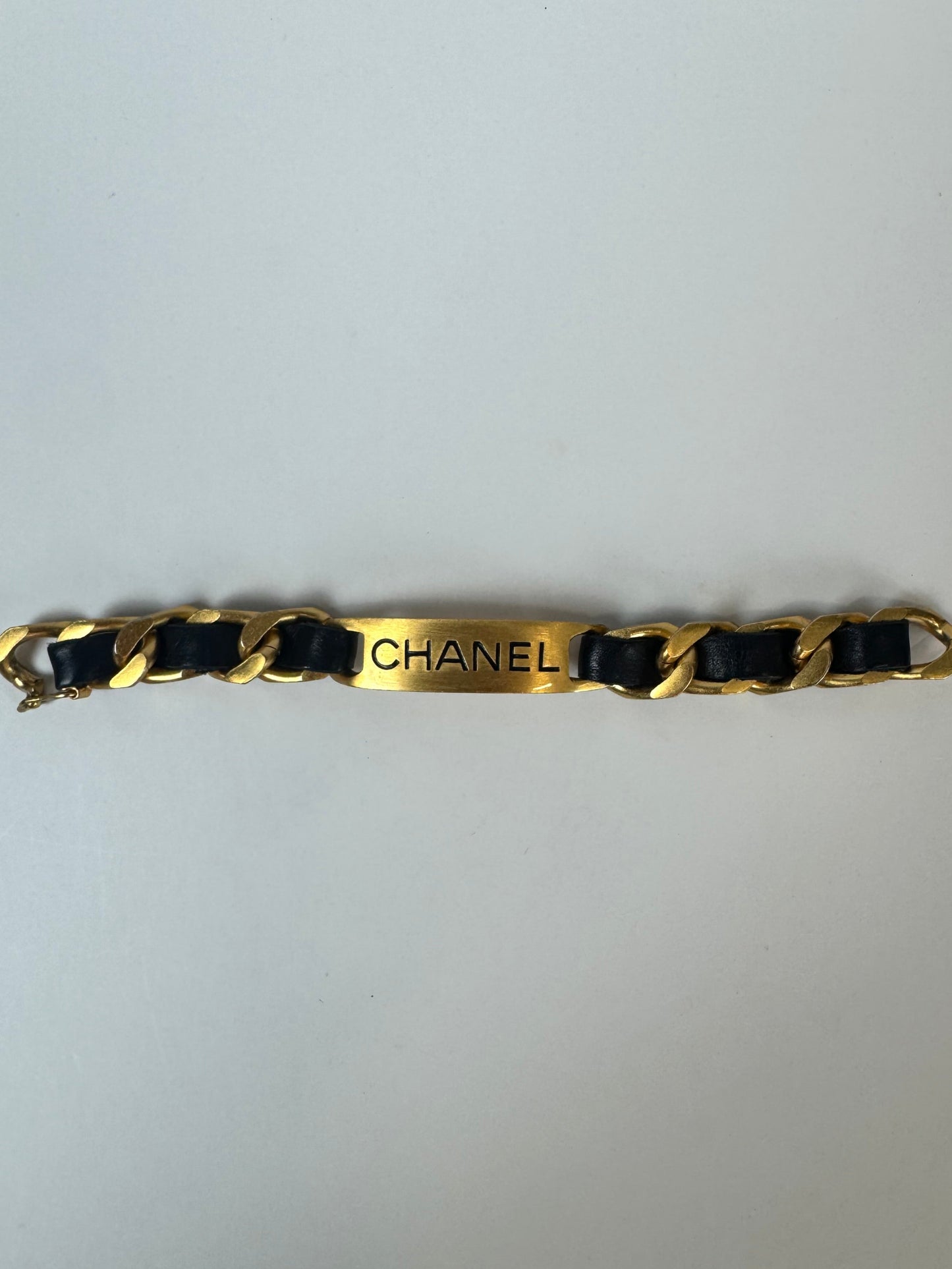 Chanel vintage signature plate leather bracelet