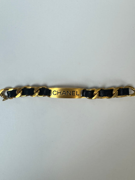 Chanel vintage signature plate leather bracelet
