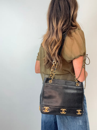 Chanel Vintage Triple CC Caviar Tote — Black