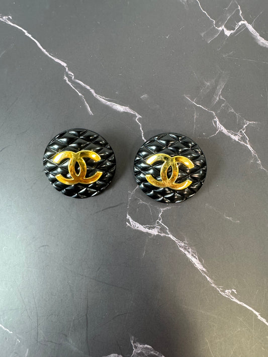 Chanel Vintage Black Quilted CC Clip-On Earrings
