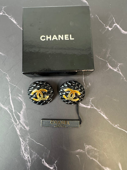 Chanel Vintage Black Quilted CC Clip-On Earrings