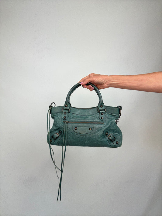 Balenciaga Motorcycle  Le City Leather Top Handle Bag — Muted Teal