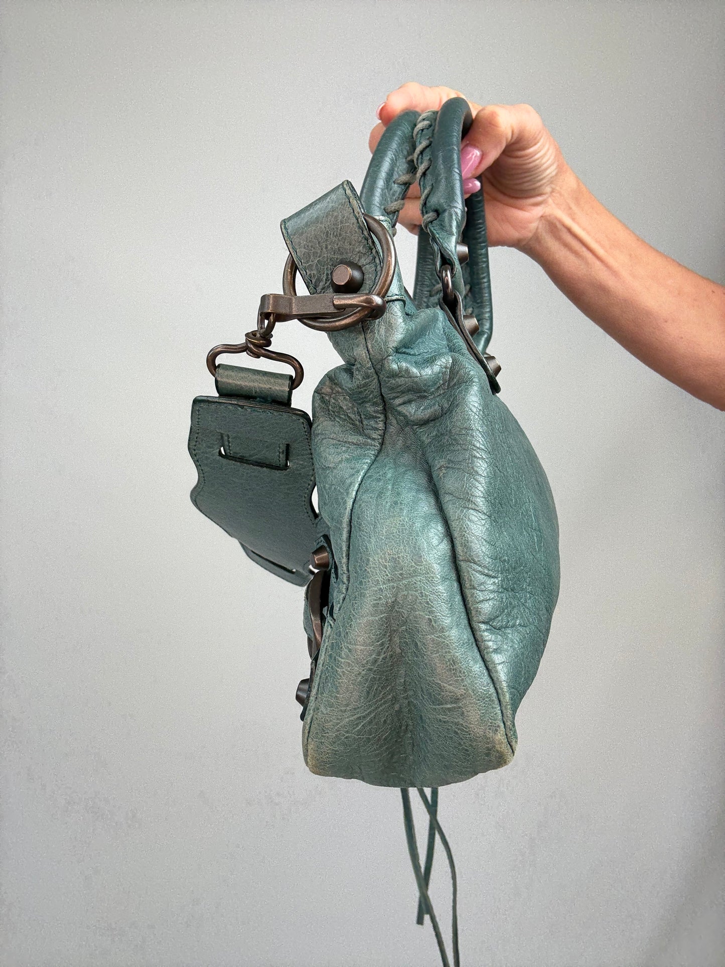 Balenciaga Motorcycle  Le City Leather Top Handle Bag — Muted Teal