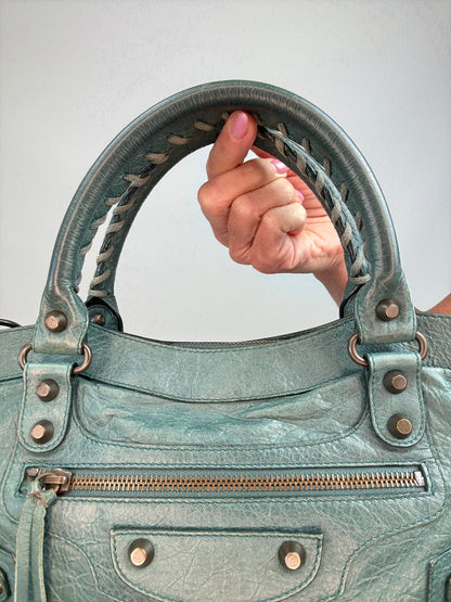 Balenciaga Motorcycle  Le City Leather Top Handle Bag — Muted Teal