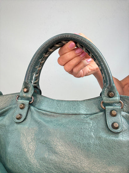 Balenciaga Motorcycle  Le City Leather Top Handle Bag — Muted Teal