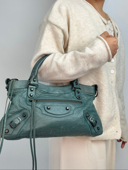 Balenciaga Motorcycle  Le City Leather Top Handle Bag — Muted Teal