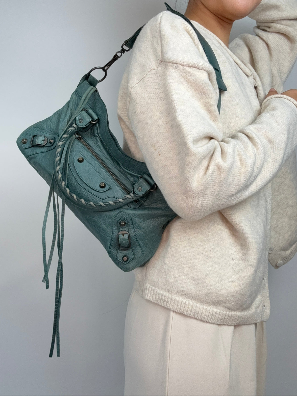 Balenciaga Motorcycle  Le City Leather Top Handle Bag — Muted Teal