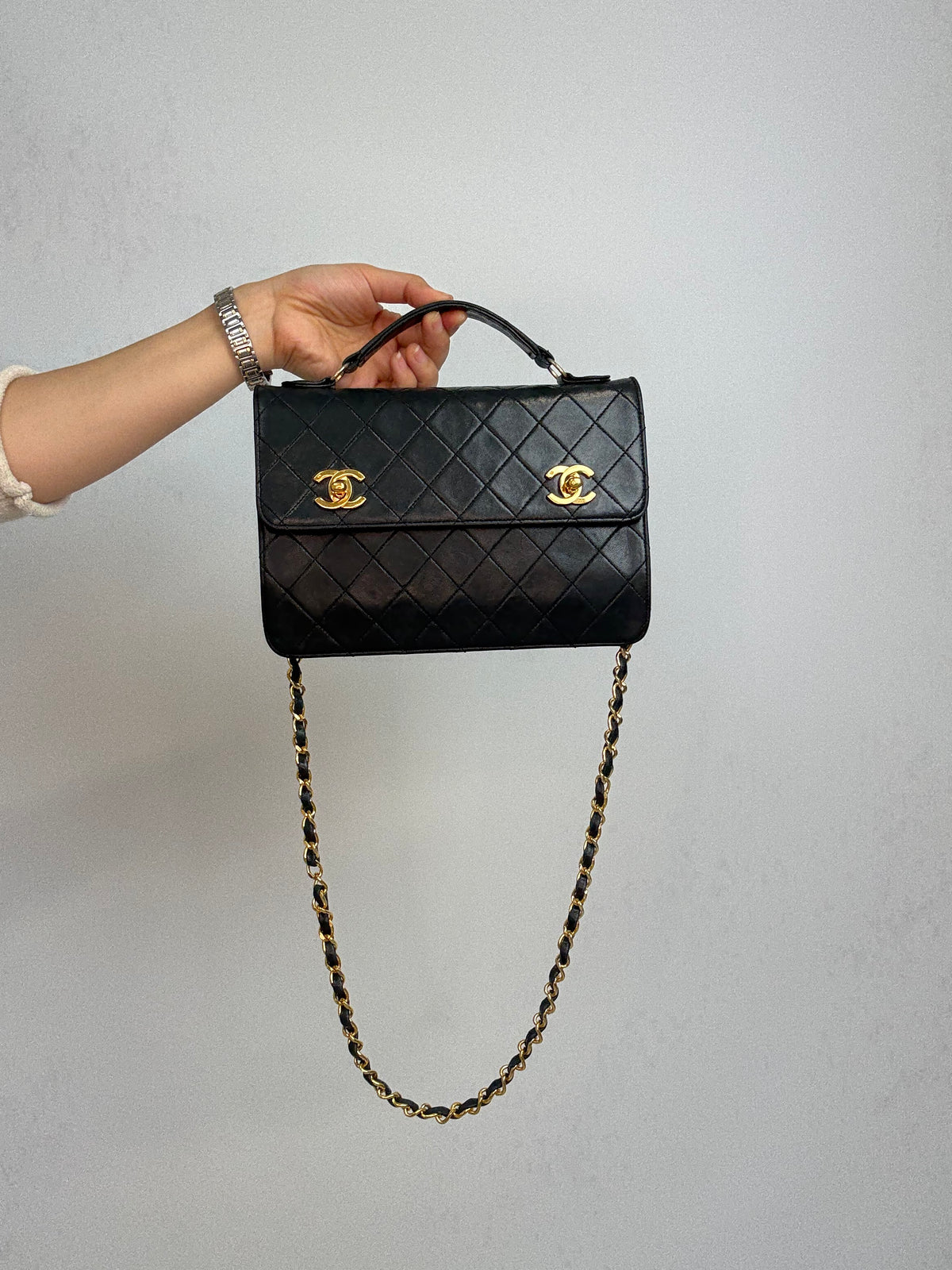 Chanel Vintage Black Quilted Leather Double CC Turn Lock Briefcase Bag