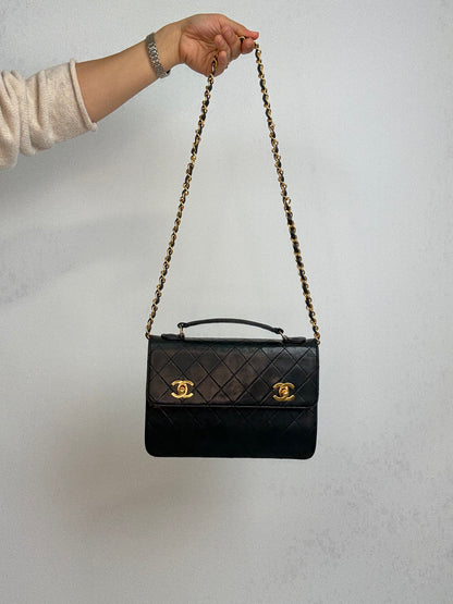 Chanel Vintage Black Quilted Leather Double CC Turn Lock Briefcase Bag