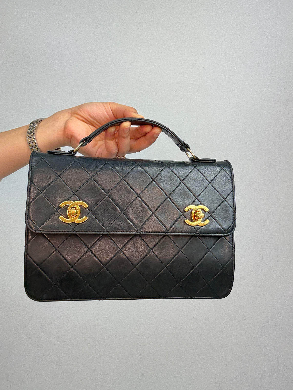 Chanel Vintage Black Quilted Leather Double CC Turn Lock Briefcase Bag
