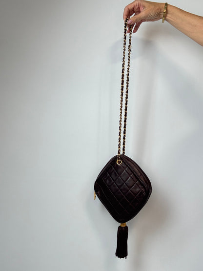 Chanel Vintage Burgundy Diamond Quilted Tassel Camera Bag