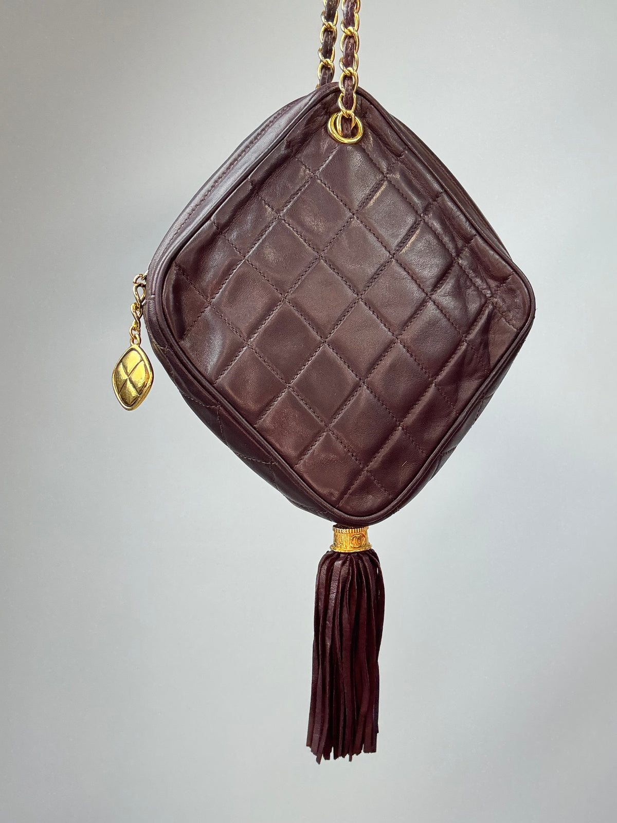 Chanel Vintage Burgundy Diamond Quilted Tassel Camera Bag