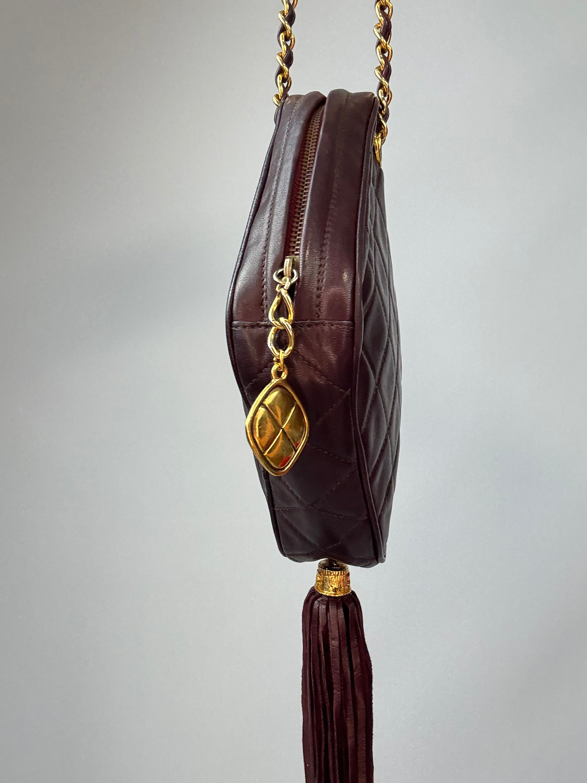 Chanel Vintage Burgundy Diamond Quilted Tassel Camera Bag