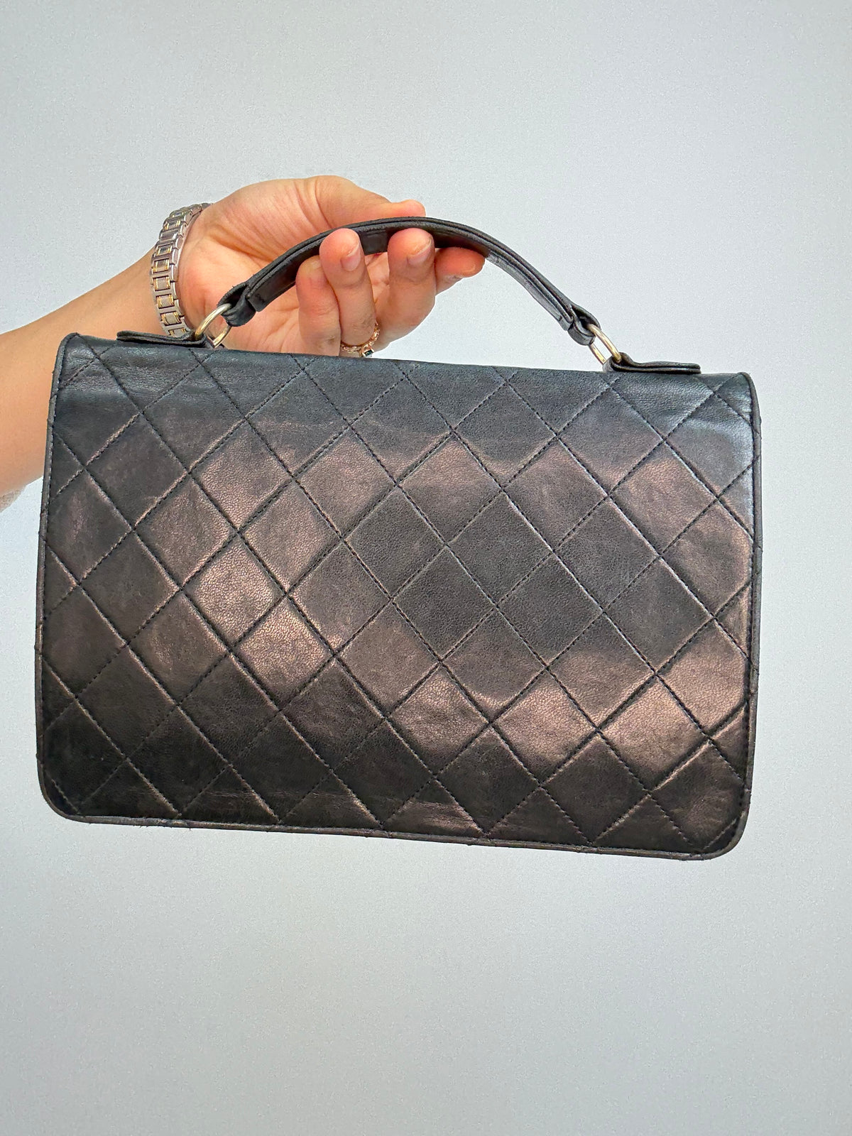 Chanel Vintage Black Quilted Leather Double CC Turn Lock Briefcase Bag
