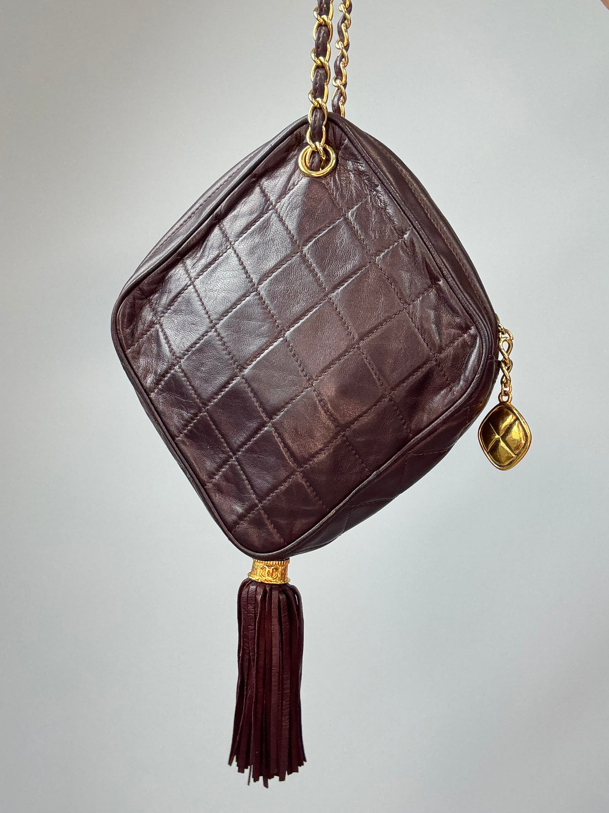 Chanel Vintage Burgundy Diamond Quilted Tassel Camera Bag