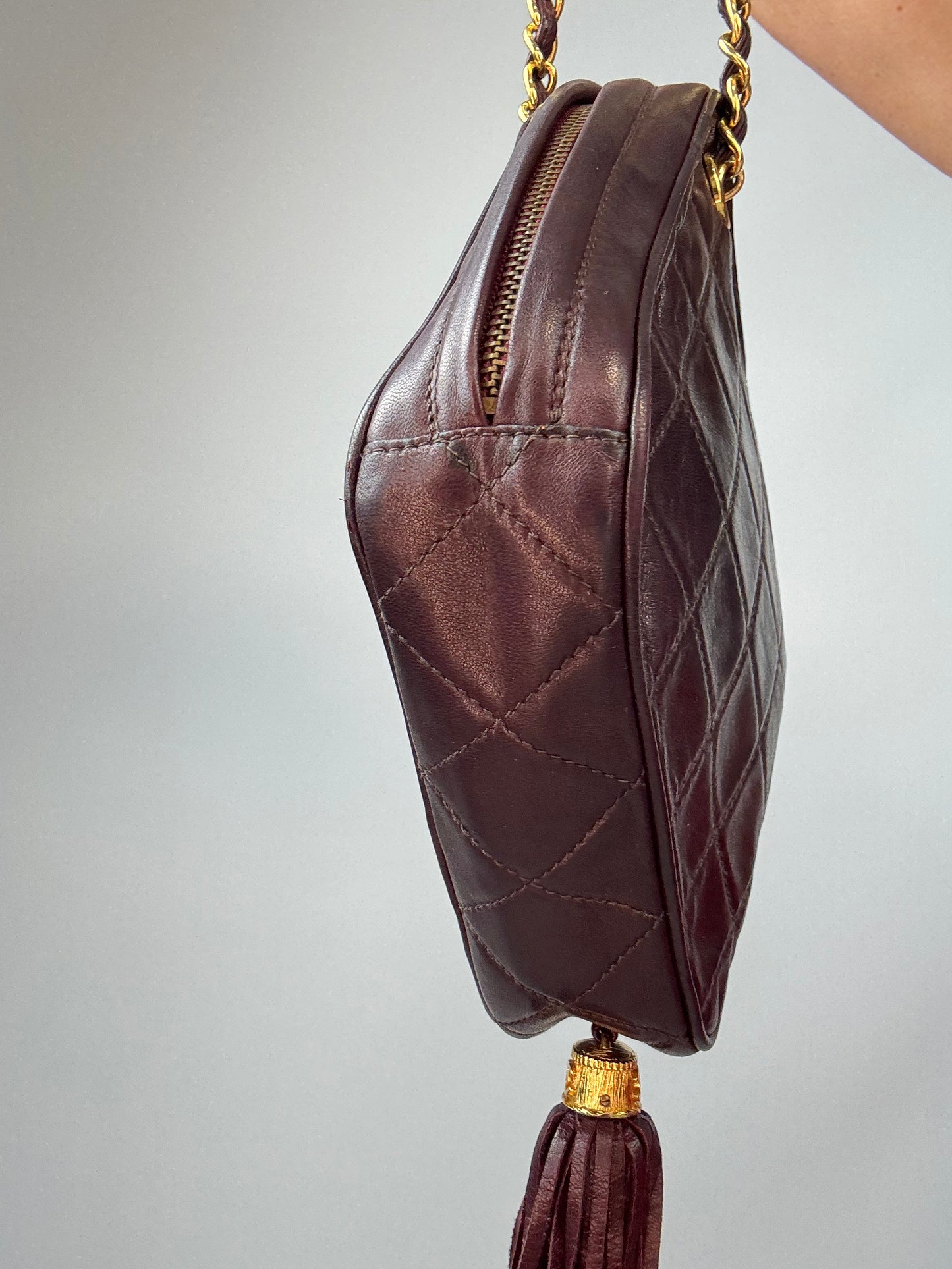 Chanel Vintage Burgundy Diamond Quilted Tassel Camera Bag