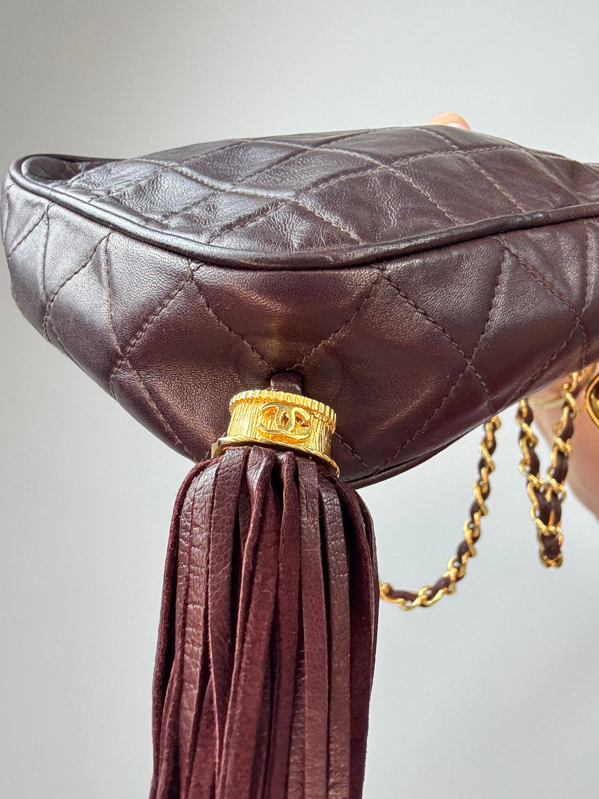 Chanel Vintage Burgundy Diamond Quilted Tassel Camera Bag